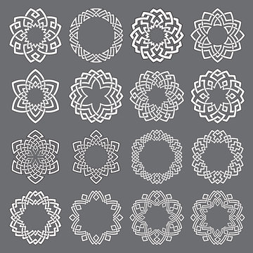 Naklejka Set of round frames. Sixteen hexagonal decorative elements with stripes braiding for your logo or monogram design. Mandalas collection of white lines with black strokes on gray background.