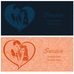 Newlyweds. Lovers in a heart. Wedding invitation.