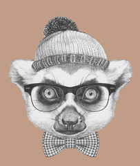Portrait of Lemur with glasses, hat and bow tie. Hand drawn illustration.