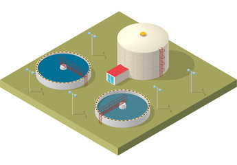 Water treatment isometric building info graphic, big bacterium purifier factory on white background. Scientific illustration. Pictogram industrial chemistry cleaner set. Flatten isolated master vector