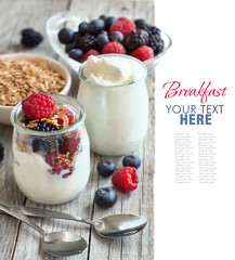 Healthy breakfast with Fresh greek yogurt, flakes and berries