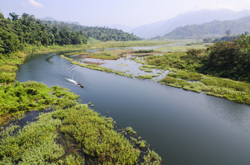 Landscape view of river mountain and boat