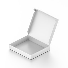 Isometric white open blank pizza box isolated on white background.