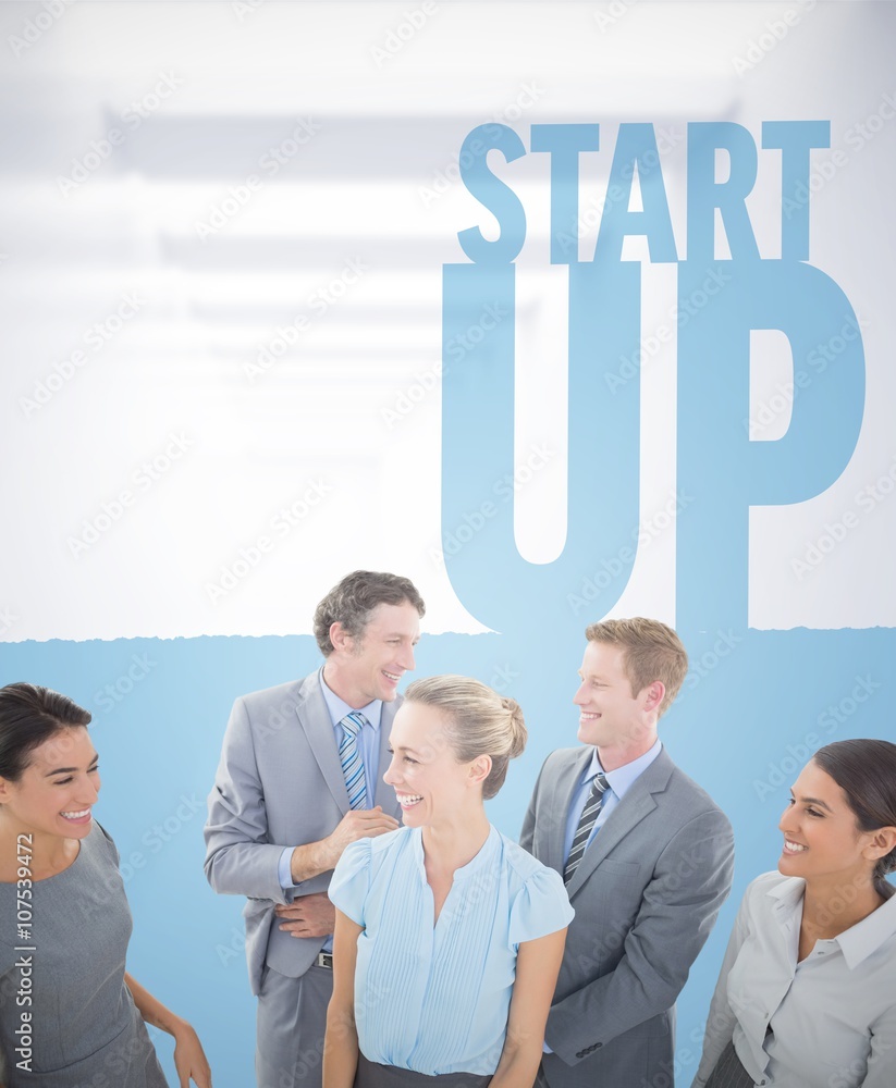 Poster composite image of happy business team smiling at each other