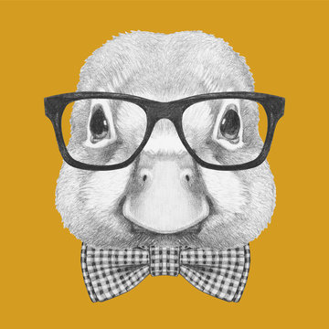 Portrait of Duck with glasses and bow tie. Hand drawn illustration.