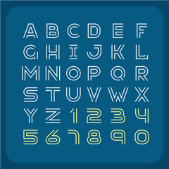 Two lines style retro font. Alphabet with numbers.