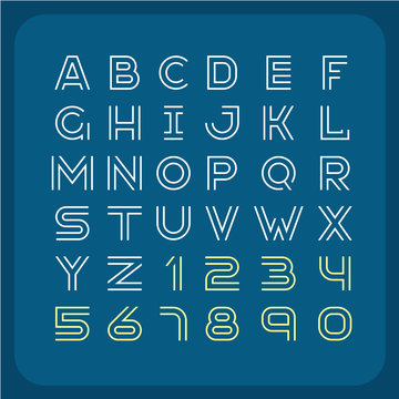 Two lines style retro font. Alphabet with numbers.