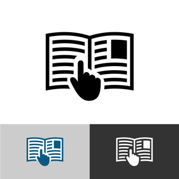 Instruction manual icon. Open book pages with text, images and h