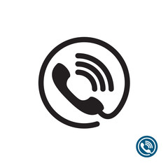 Phone black simple icon. Round with wire and sound waves symbol.