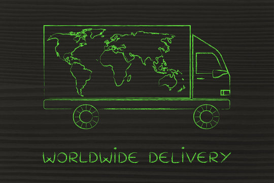 shipping company vehicle with world map design, worldwide delive