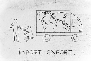 delivery truck with world map & man with parcels, import-export