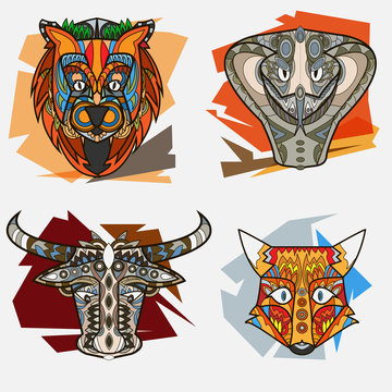 Set african totem multicolor animal vector illustration.