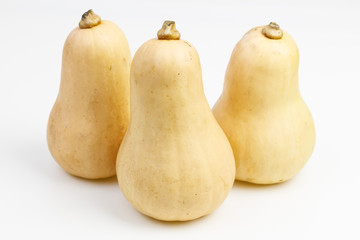 Three butternut squash fruits, on white background.