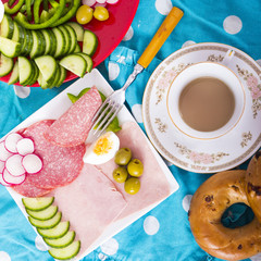 Healthy breakfast with coffee and veggies