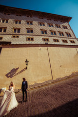 Romantic fairytale couple holding hands near old medieval wall