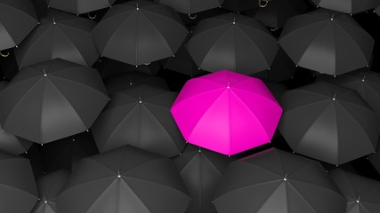 3D rendering of classic large black umbrellas tops with one pink standing out.