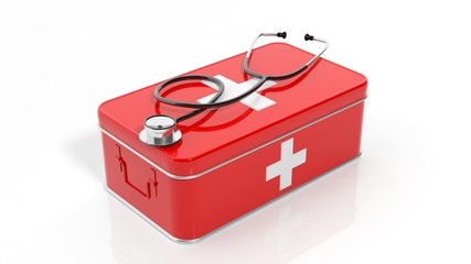 3D rendering of first aid kit and stethoscope, isolated on white background.