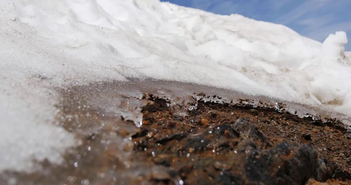 neve di un nevaio a 3000 metri che si scioglie sgocciolando su terreno ferroso