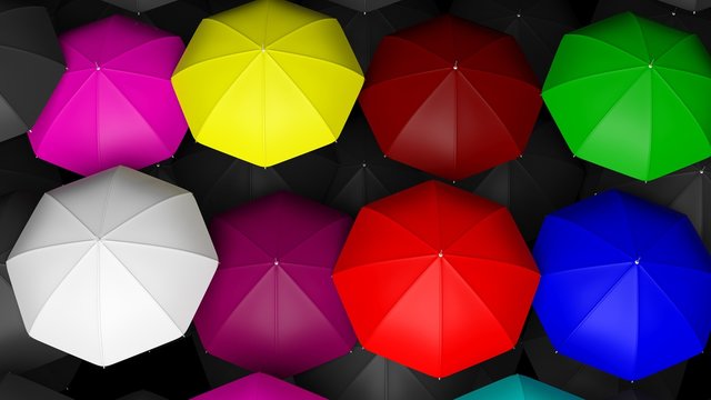 3D rendering of large colorful umbrellas tops