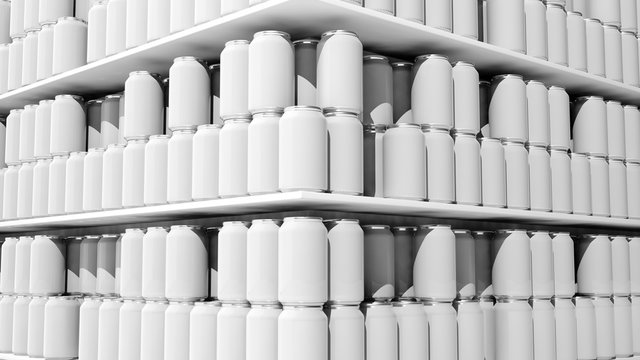 3D rendering with closeup on supermarket shelves with blank templates cans.