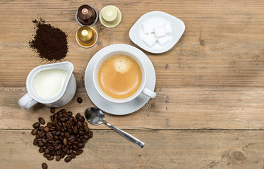 Top view of coffee concept on rustic wood.