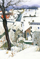 Winter town, watercolor illustration