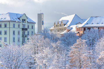 View in Zurich on a foggy winter morning