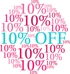 Ten Percent Off word cloud on a white background. 