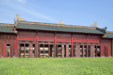 Gallery of the Palace complex of the forbidden Purple city. Hue, Vietnam