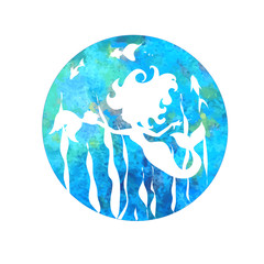 Mermaid silhouette cartoon with fish on watercolor background
