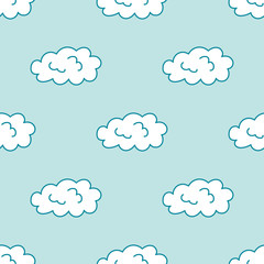 Cartoon style hand drawn cloud sky seamless pattern. Colorfull vector illustration