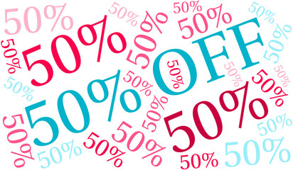 Fifty Percent Off word cloud on a white background. 