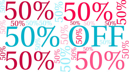 50% Off - Fifty Percent Off word cloud on a white background. 