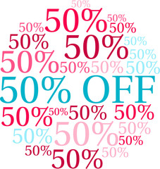  Fifty Percent Off word cloud on a white background. 