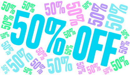 Fifty Percent Off word cloud on a white background. 