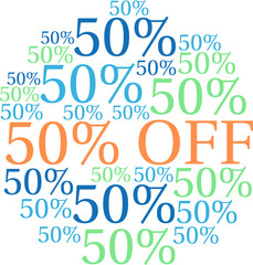 Fifty Percent Off word cloud on a white background. 