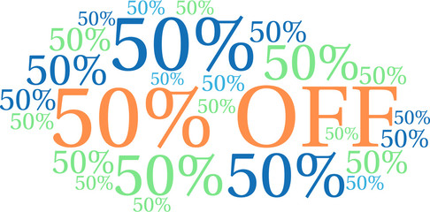 Fifty Percent Off word cloud on a white background. 