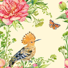 seamless pattern illustration in watercolor,the hoopoe bird,butterfly,flowers