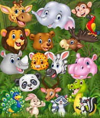 Cartoon safari animals with forest background