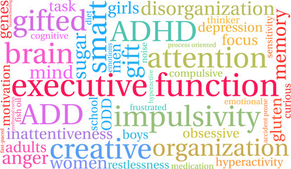 Executive Function word cloud on a white background. 