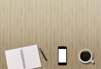 Office desk top view mock up with notepad and pen, smartphone and coffee