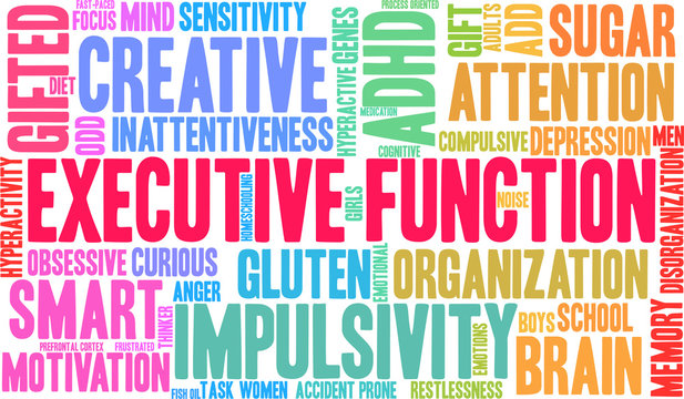 Executive Function word cloud on a white background. 
