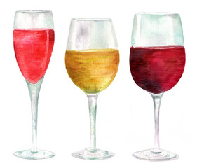 Three watercolor wine glasses (with rose, white and red wine)