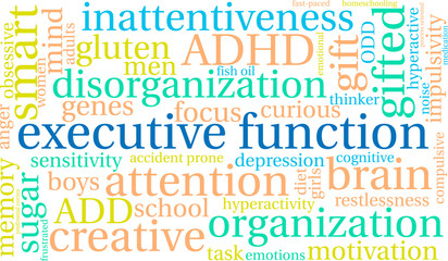 Executive Function word cloud on a white background. 