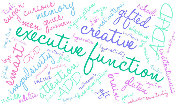 Executive Function word cloud on a white background. 