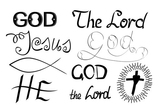 Biblical symbols and biblical lettering with the words God, Lord
