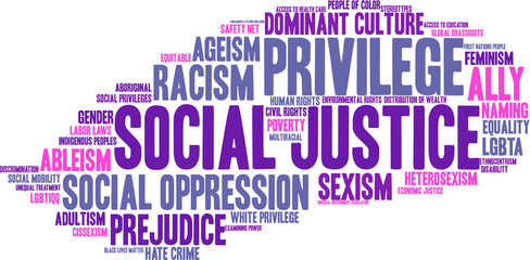 Social Justice word cloud on a white background. 