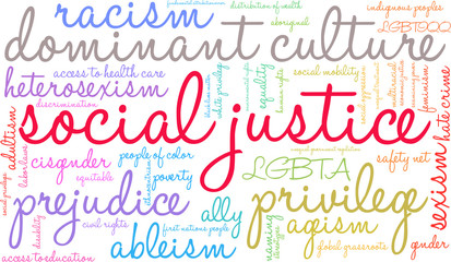 Social Justice word cloud on a white background.
