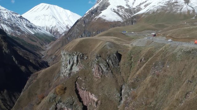 Georgia - Nov 5, 2015: Caucasian military mountain road near cliff