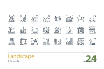 Landscape, Architecture outline icons. Stock vector.